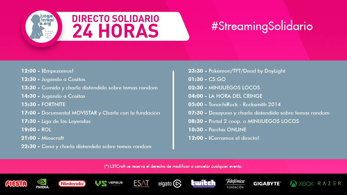 ¡Esto empieza! 😎

#StreamingSolidario a favor de <a href="/juegaterapia/">Fundación Juegaterapia</a>.

📺twitch.tv/l3tcraft

¡Ya podéis donar y compartir el streaming con vuestros amigos y familiares!

🌐streamlabs.com/l3tcraft/tip