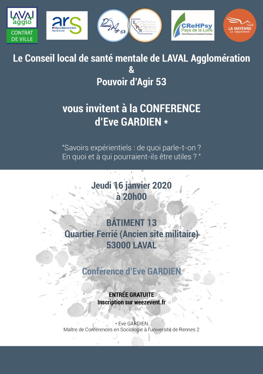 fannymoreau10's tweet photo. Save the date: 16.01.2020 à 20H00 Quartier Ferrié Laval
Pouvoir d'Agir 53 et Le CLSM  Laval Agglomération vous invite à la conférence Eve Gardien :
"Savoirs expèrientiels de quoi parle-t-on ? En quoi et à qui pourraient-ils être utiles?" https://t.co/jX6OFjNfQN…
#EntréeGratuite https://t.co/kcdpZeMMrt