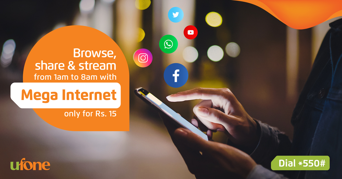 Ufone's tweet photo. Ufone Mega Internet chalay raat 1 se subah 8 bajay tak. Tou ab dil khol kar browse, stream aur share karne ke liye dial *550# to subscribe or visit: https://t.co/nQ5McvjoZ9

*Terms and conditions apply.

#Ufone #MegaInternet #InternetPackages #TumHiTouHo https://t.co/2gQFPbk6Z9