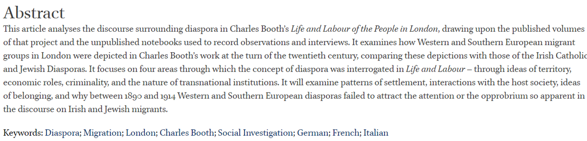 Interesting read on 19th c migration history of London by <a href="/drenshaw22/">Daniel Renshaw</a> (and wondering what a map of their various churches would show): 

The Other Diasporas: Western and Southern European Migrants in Charles Booth’s Life and Labour of the People in London brill.com/view/journals/…