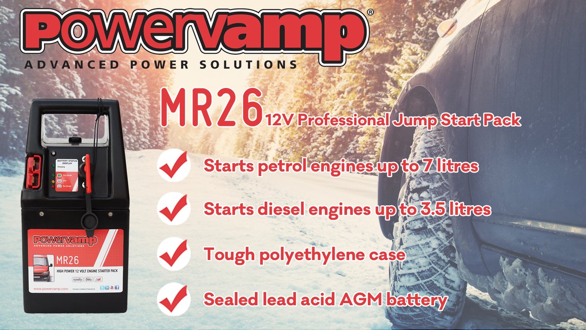 The <a href="/Powervamp/">Powervamp</a> MR26 is a 12V portable battery jump start pack which is suitable for multi-starting large petrol engines and large diesel engines. 
For more information on the MR26: 
powervamp.com/products/batte…
#advancedpowersolutions #powervamp #automotive