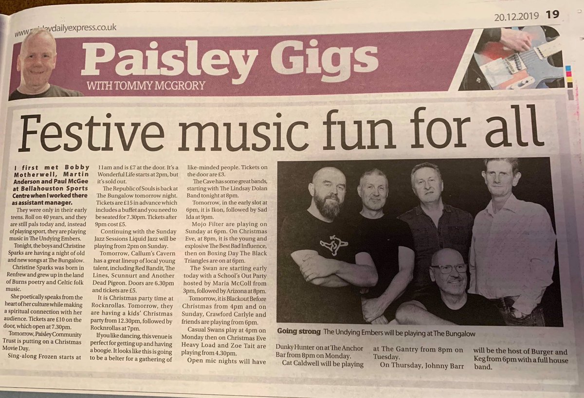 Tonight <a href="/BungalowPaisley/">The Bungalow</a> 
Christine Sparks 8:00-9:00
The Undying Embers 9:30-10:30
Limted number of tockets at door.