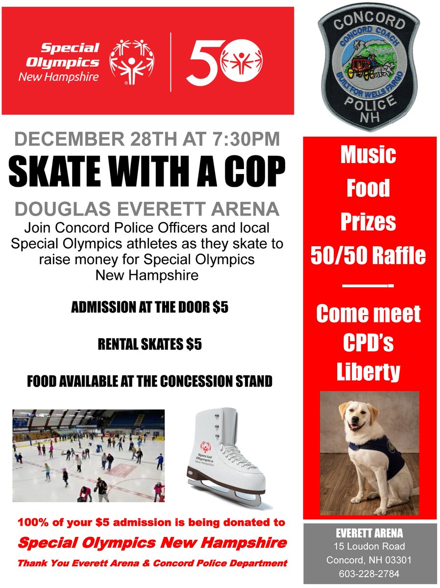 SONewHampshire's tweet photo. Join SONH with @ConcordPolice and @LibertyConcord on Saturday night December 28th! #LibertyConcordNHPD #ConcordNHPD #SkateWithACop https://t.co/kuN7IsyC9c