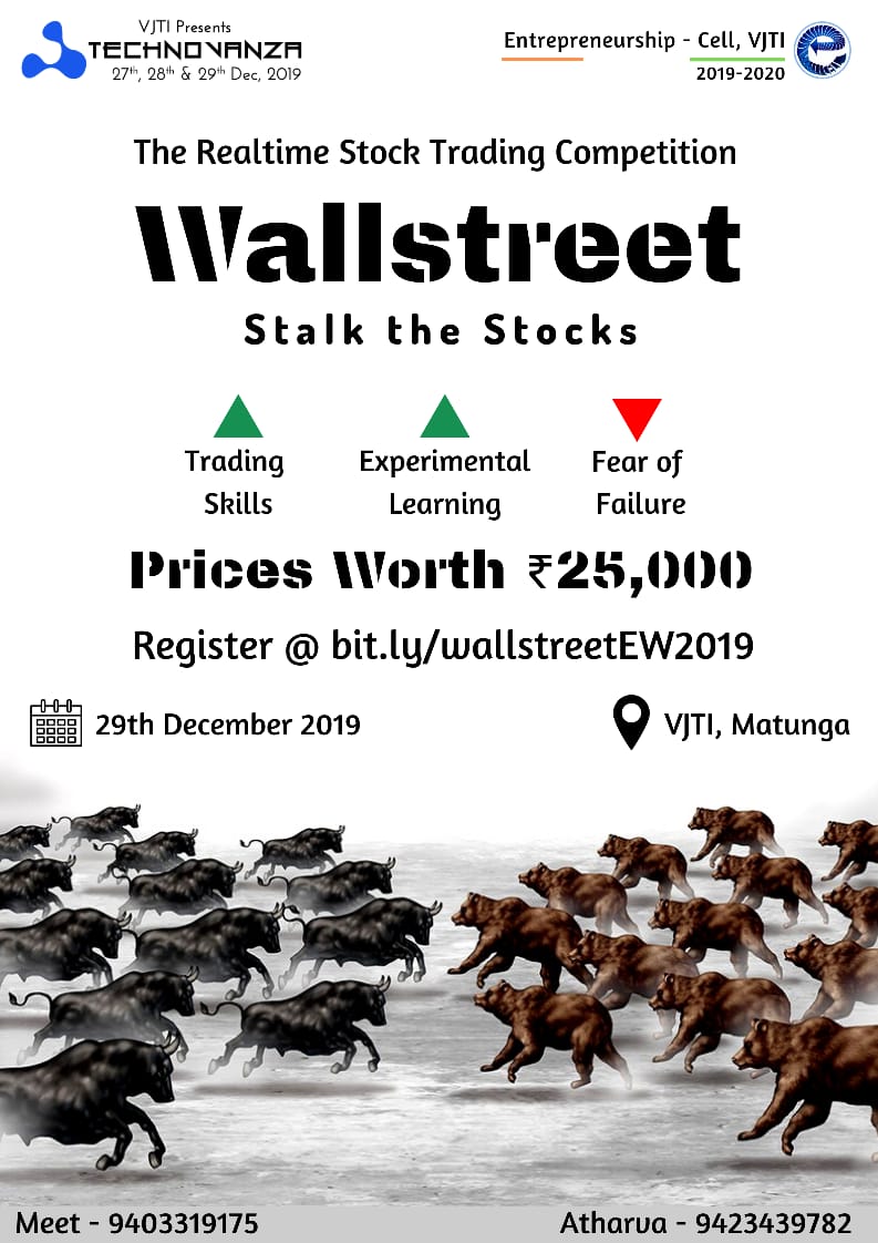 startup_netcon's tweet photo. Technovanza and E-Cell VJTI bring you the virtual stockmarket competition of VJTI- Wallstreet!

So be there on the 29th of December, 2019, at VJTI!

*Registration link*: https://t.co/vKjeMbd67x https://t.co/G2nwnjhtjj