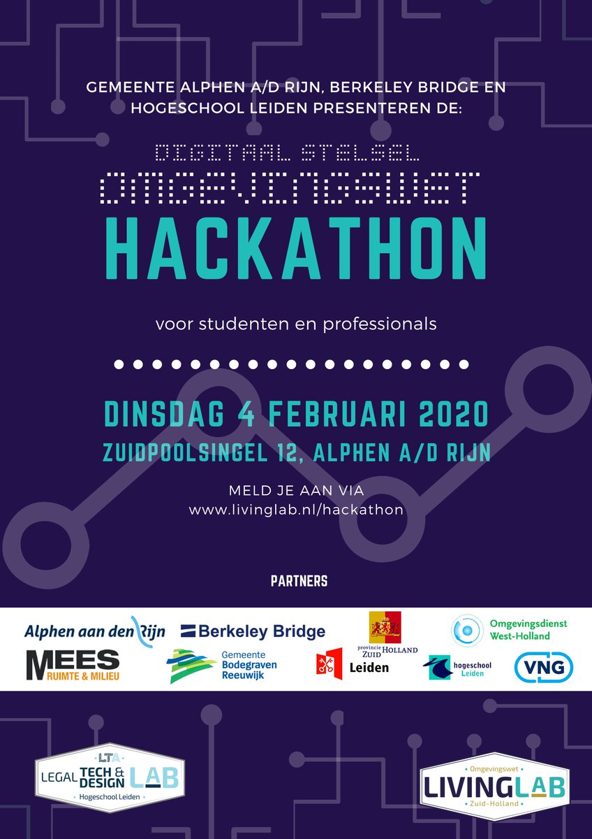 CommissarisP's tweet photo. Hackethon Digitaal Stelsel #Omgevingswet, en dan met name over toepasbare regels, voor studenten en professionals. Op 4 februari in Alphen aan den Rijn @gemeenteaadr @LivingLab_Ow @HSLeidenNL https://t.co/ubjeklnIie