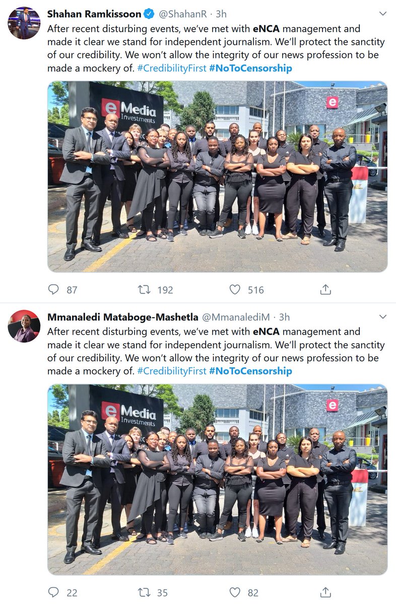 ANC_newsbrief's tweet photo. "We believe in INDEPENDENT JOURNALISM and are AGAINST CENSORSHIP",
...says the @eNCA organisation, who has just forced employees to send out a cloned message on social media, and has a record of censorship.
#CredibilityFirst #NoToCensorship https://t.co/4p7pdPTx1u