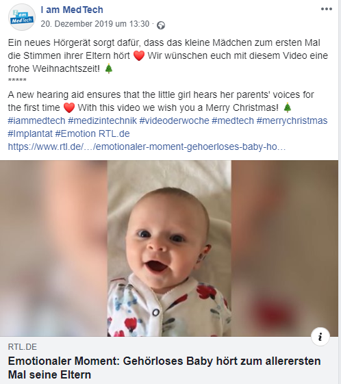 BVMed's tweet photo. Unser letztes #MedTech-Video der Woche 2019:
Ein neues #Hörgerät sorgt dafür, dass das kleine Mädchen zum ersten Mal die Stimmen ihrer Eltern hört.❤️ Wir wünschen euch mit diesem Video eine frohe Weihnachtszeit!🎄
https://t.co/qlmLr7DGBU
#iammedtech #medizintechnik #videoderwoche https://t.co/GdHkgGaNuq