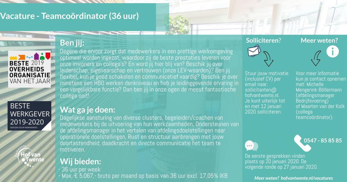 Collega gezocht 🙋‍♀️🙋‍♂️: Teamcoördinator, 36 uur!
Ben jij of ken jij degene die wij zoeken? Klik dan hier ➡️ bit.ly/2pD688l