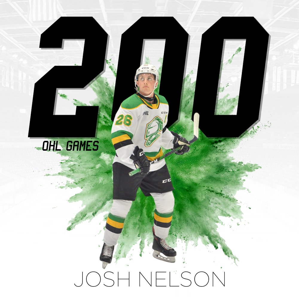 👏👏👏 for Josh Nelson (<a href="/JoshNNelson/">Josh Nelson</a>) who played his 200th <a href="/OHLHockey/">Ontario Hockey League</a> game last night in North Bay! 

Josh becomes only the 54th player to play 200 games in the Green and Gold.

Congrats Josh!