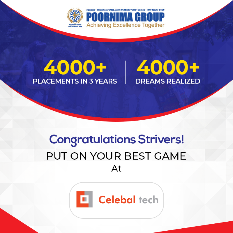 poornimacollege's tweet image. We congratulate all the students who have been placed at @celebaltech, a company that uses the best technology of today, to be ready for the future. Here’s wishing you all the best for your #career!

#CelebalTech #PoornimaGroup #PoornimaCollege #CampusPlacements #Achievements