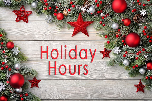 Please note, we will be closed on Dec. 24th, 25th, 31st, 1st, 2nd, 3rd, and 4th. Regular hours all other days.

Enjoy your holiday everyone.