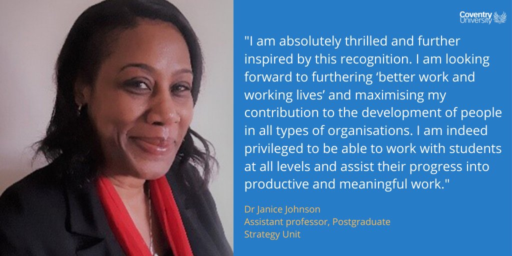 Dr Janice Johnson, Assistant Prof. in the Postgraduate Strategy Unit <a href="/covcampus/">Coventry University</a>, has been recognised as a Chartered Companion by <a href="/CIPD/">CIPD</a> for her influence in raising standards of HR in UK &amp; shaping the future of the profession as an educator and mentor. 

➡️tinyurl.com/qlagmqt