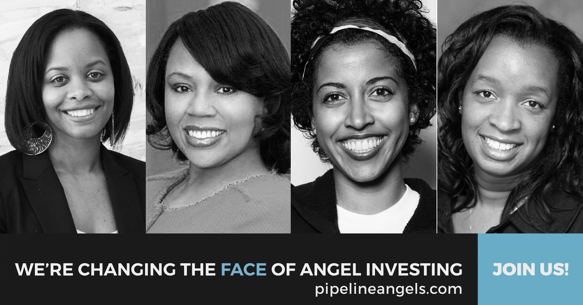 Black & white pictures of four Black Pipeline Angels members above "We're changing the face of angel investing. Join us!" tagline and pipelineangels.com