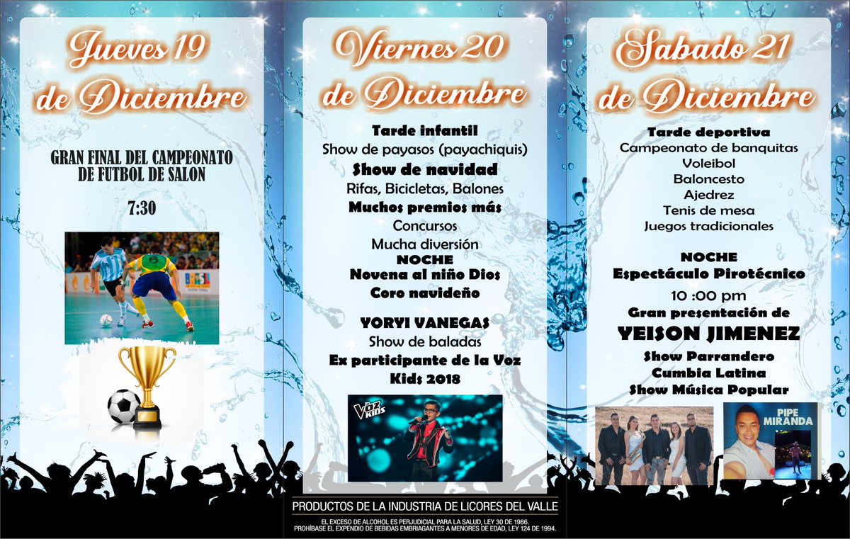 bnc2023's tweet photo. PROGRAMACIÓN OFICIAL
FIESTAS DEL AGUA BOLÍVAR, VALLE 2019
DEL 19 AL 22 DE DICIEMBRE

¡TE ESPERAMOS!
#BolivarNuestroCompromiso
https://t.co/h3YvooFrPg https://t.co/tmOroBFGPf