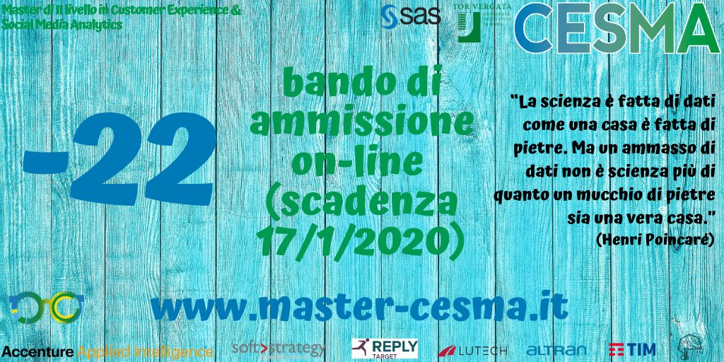mastercesma's tweet photo. https://t.co/o3H6XJJcLA #economia #master #customerexperience #statistics #machinelearning #artificialintelligence #bigdata #datascience #sas #accenture #softstrategy #targetreply #altran #lutech #torvergatauniversity #torvergataeconomia #torvergataingegneria #torvergatascienze https://t.co/wjJ3WizmEr