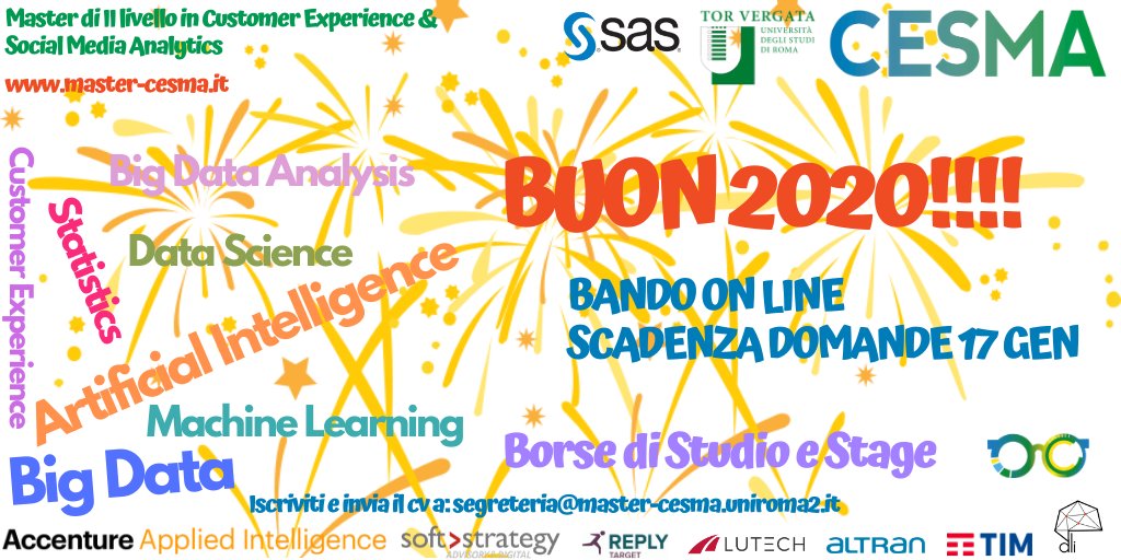 mastercesma's tweet photo. https://t.co/Mq7ny2weDR #economia #master #customerexperience #statistics #machinelearning #artificialintelligence #bigdata #datascience #sas #accenture #softstrategy #targetreply #altran #lutech #torvergatauniversity #torvergataeconomia #torvergataingegneria #torvergatascienze https://t.co/mAobSWkv25