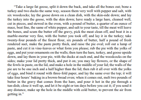 ruskinland's tweet photo. A good moment to air this seasonal recipe for goose pie that John Ruskin shared with readers in 1873. Only requires one "large fat goose", one turkey, two ducks, six woodcocks and a hare - oh, and you have to build a "brown-bread oven" to cook it. #Ruskin200 #ovenready https://t.co/2VoFoyrn11