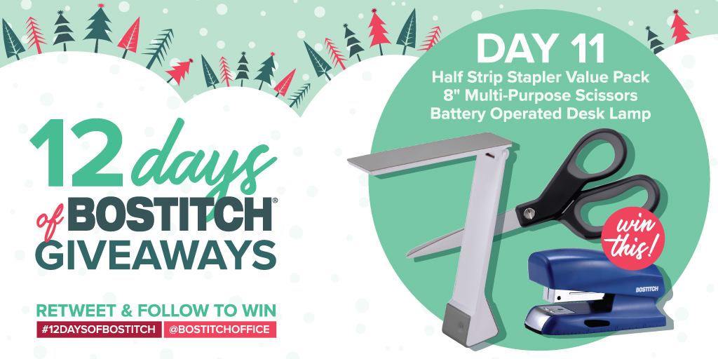 🙌 Day 11 of our 12 Days of Bostitch Giveaways is here! We're giving away a Half Strip Stapler Value Pack, Multi-Purpose Scissors and a Desk Lamp! Check back tomorrow for our final giveaway 🙌

Retweet and follow to win! #giveaway #sweepstakes #12daysofgiveaways