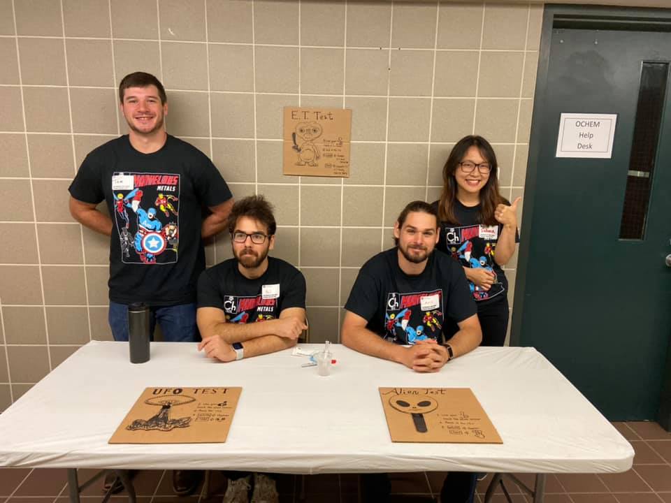 BergbreiterLab's tweet photo. As we prepare for the break, here are a few pictures from the Chemistry Open House.  Thanks to our own @MYNAMATOM @Sakurafu95 @Oil08978002 Chris Watson, Neil Rosenfeld &amp; Yunuen Avila Martinez for showing future scientists about alien/UFO testing!  #TAMUChemistry, Happy Holidays! https://t.co/GVidEypNr5
