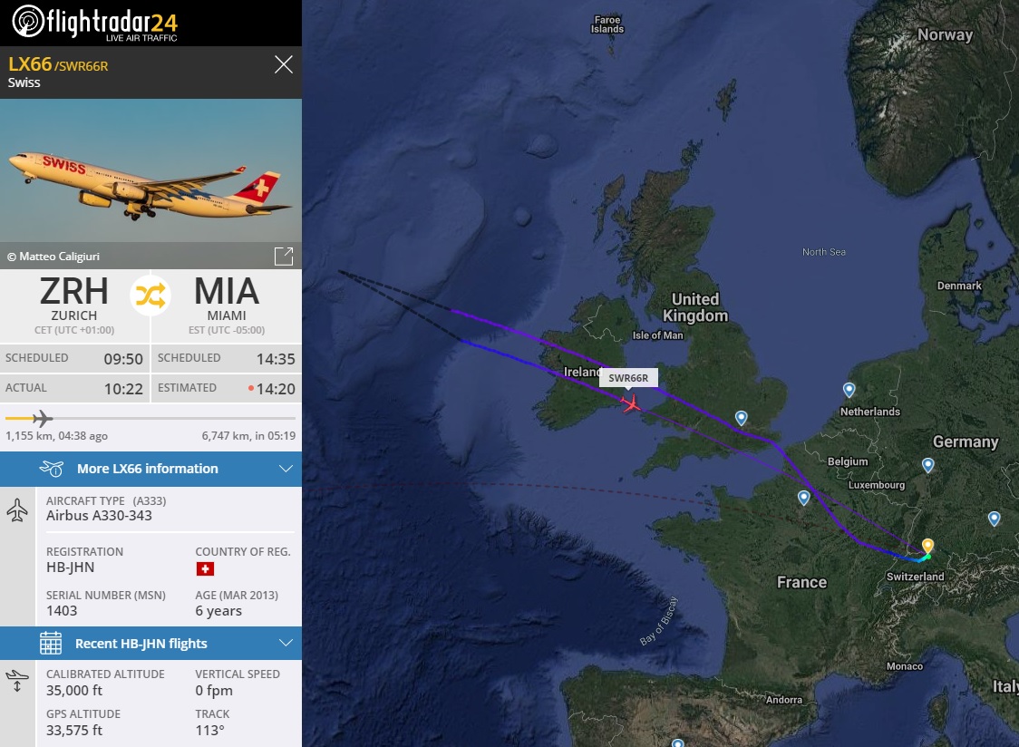 AirportWebcams's tweet photo. LIVE: SWISS #LX66 Zurich to Miami (Airbus A330 HB-JHN) has turned back West of Ireland and is returning to ZRH. Reason not yet known. Track: https://t.co/APODoiC66p @flightradar24
@zrhspot @Easyspotting
H/t @Radar_Assistant https://t.co/cRLlRG7Njq