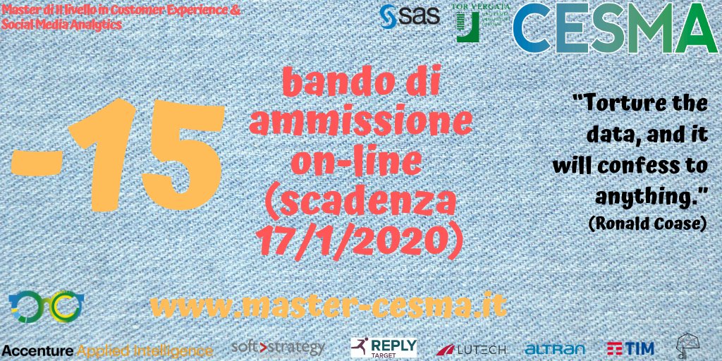 mastercesma's tweet photo. https://t.co/t81EIcgrKA #economia #master #customerexperience #statistics #machinelearning #artificialintelligence #bigdata #datascience #sas #accenture #softstrategy #targetreply #altran #lutech #torvergatauniversity #torvergataeconomia #torvergataingegneria #torvergatascienze https://t.co/tWsHWq4i8O