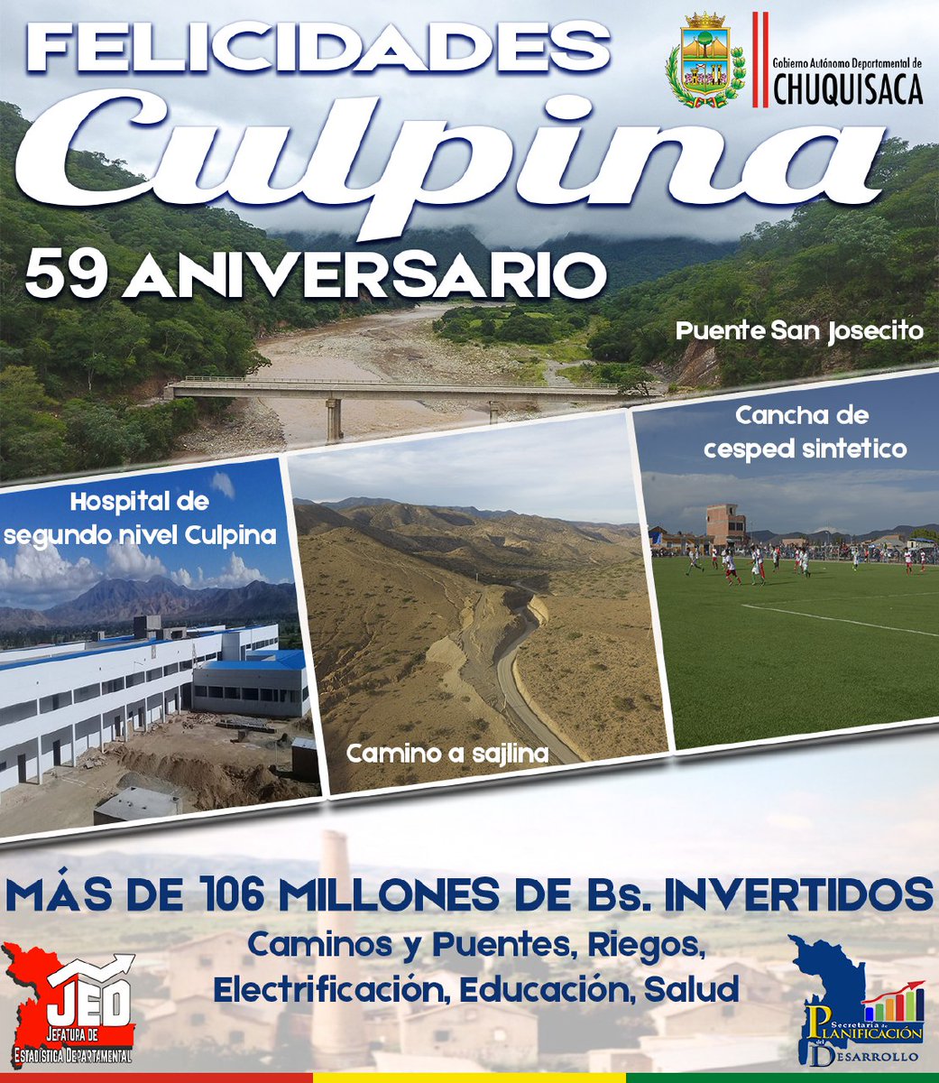 Gadch_Planif's tweet photo. Saludamos a la región cinteña y en especial a nuestros hermanos de #Culpina por su aniversario, adelante compañeros juntos construimos el #Desarrollo de #Chuquisaca https://t.co/IyEsljYgFG