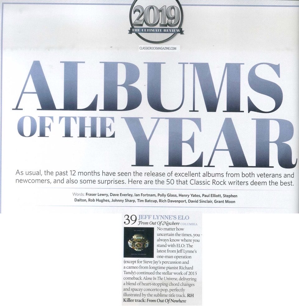JeffLynnesELO's tweet photo. Thanks @ClassicRockMag for including #FromOutOfNowhere on your 2019 Albums of the Year list! 🛸 https://t.co/qZfjojf7Jo