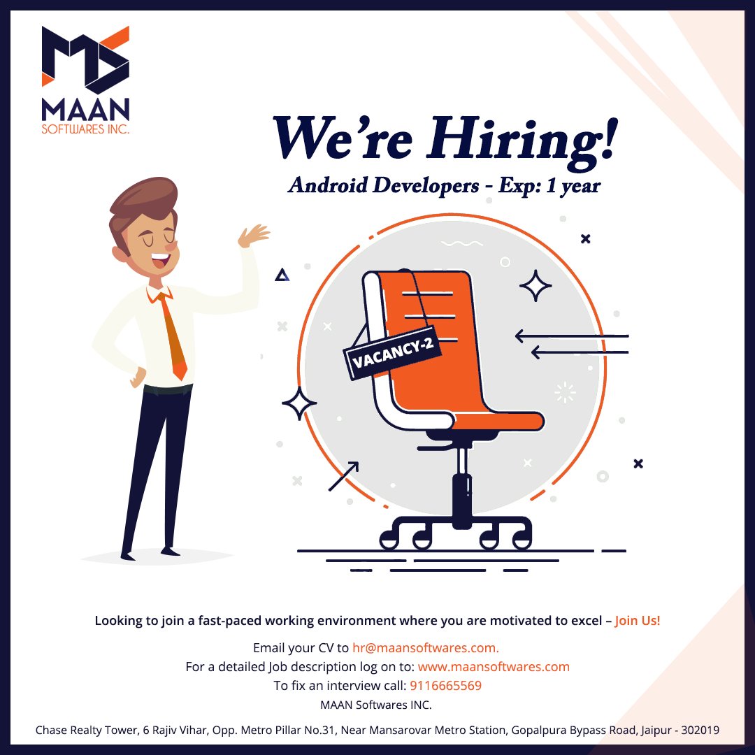Maan Softwares INC. (@maansoftwares) on Twitter photo Join Us
We are #Hiring Android Developers
Experience- 1 Year
Vacancy- 2
Email- hr@maansoftwares.com
Contact- 9116665569
Website-maansoftwares.com
Apply Now- maansoftwares.com/apply-now
#androiddevelopers #job #vacancy #android #mobiledeveloper #vacancyinjaipur #jobsinjaipur Join Us
We are #Hiring Android Developers
Experience- 1 Year
Vacancy- 2
Email- hr@maansoftwares.com
Contact- 9116665569
Website-maansoftwares.com
Apply Now- maansoftwares.com/apply-now
#androiddevelopers #job #vacancy #android #mobiledeveloper #vacancyinjaipur #jobsinjaipur
