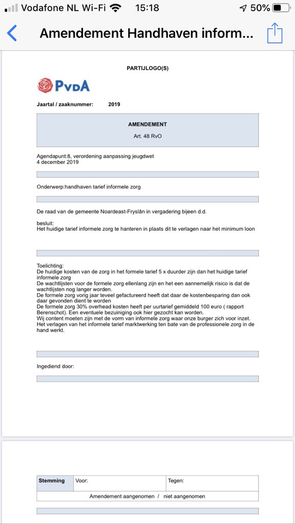 amendement van de PvdA fractie Noardeast Fryslan aangaande handhaving informeel tarief jeugdzorg niet door de raad gesteund.
Betekend dat u als informele zorgverlener geconfronteerd wordt met een verlaging van meer dan 30% op het uurtarief. Retweet: tijd voor actie