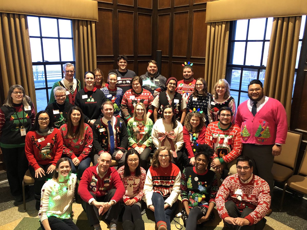 LoriReesor's tweet photo. Had our Student Affairs holiday party yesterday. Grateful to work with dedicated colleagues who do so much for our students. Had fun with our ugly sweaters! #uwflamingos #successfulsemester https://t.co/Kz734XvW9y