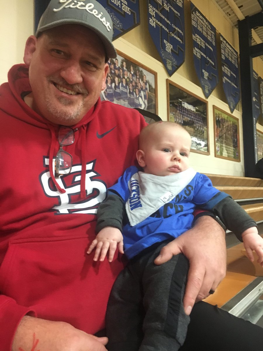 So me & this dude watched his daddy coach last night. I made sure he didn’t yell @ the refs! #GrandpaLife