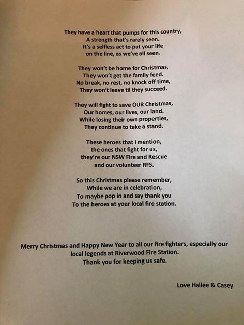 A touching tribute to firefighters who have been battling against mother nature for many months now here in NSW. A very nice poem written by 11 year old's Hailee and Casey from Riverwood in NSW. Thank you girls, this is beautiful ❤️ #NSWRFS #nswfires