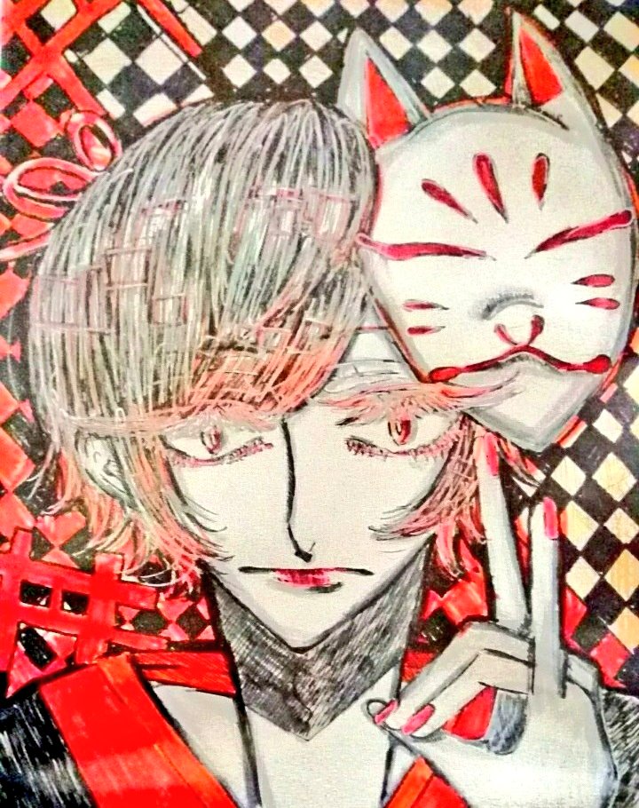 ট ইট র 暁乃 楓 狐のお面が好きです イラスト アナログイラスト ボールペン画 マジックペン 狐のお面 1日1絵