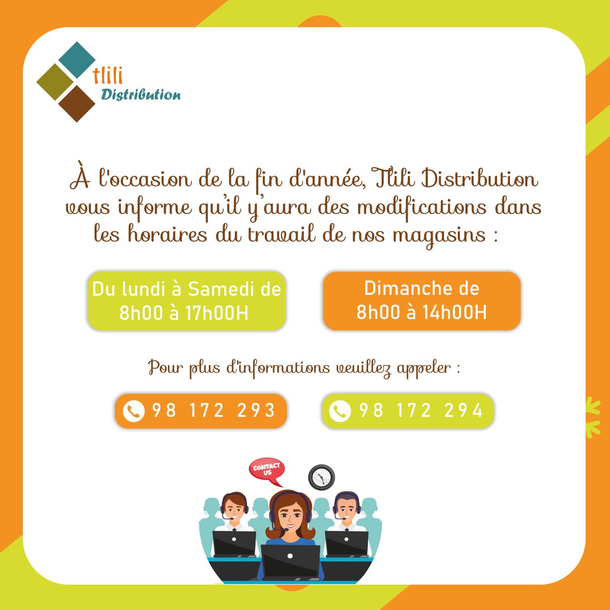 TliliDistribu's tweet photo. À l'occasion de la fin d'année , il y'aura un changement dans les horaires du travail de nos magasins Tlili distribution.
Pour plus d'informations,merci de nous contacter par ces numéros : 
📞 98172293
📞 98172294
#tlilidistribution #numéros #horaires #finannée #dimanche #tunisia https://t.co/OiNNPOscjy