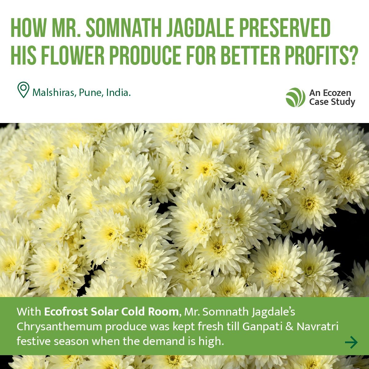 EcozenSolutions's tweet photo. #EcozenCaseStudy
Know how Mr. Somnath Jagdale’s #Chrysanthemum produce was kept fresh till Ganpati & the Navratri festive season in #India when demand is high, with the #Ecofrost #SolarColdRoom.
#Farmer #Empowerment #Pune #Innovation https://t.co/dm9fH35CUo