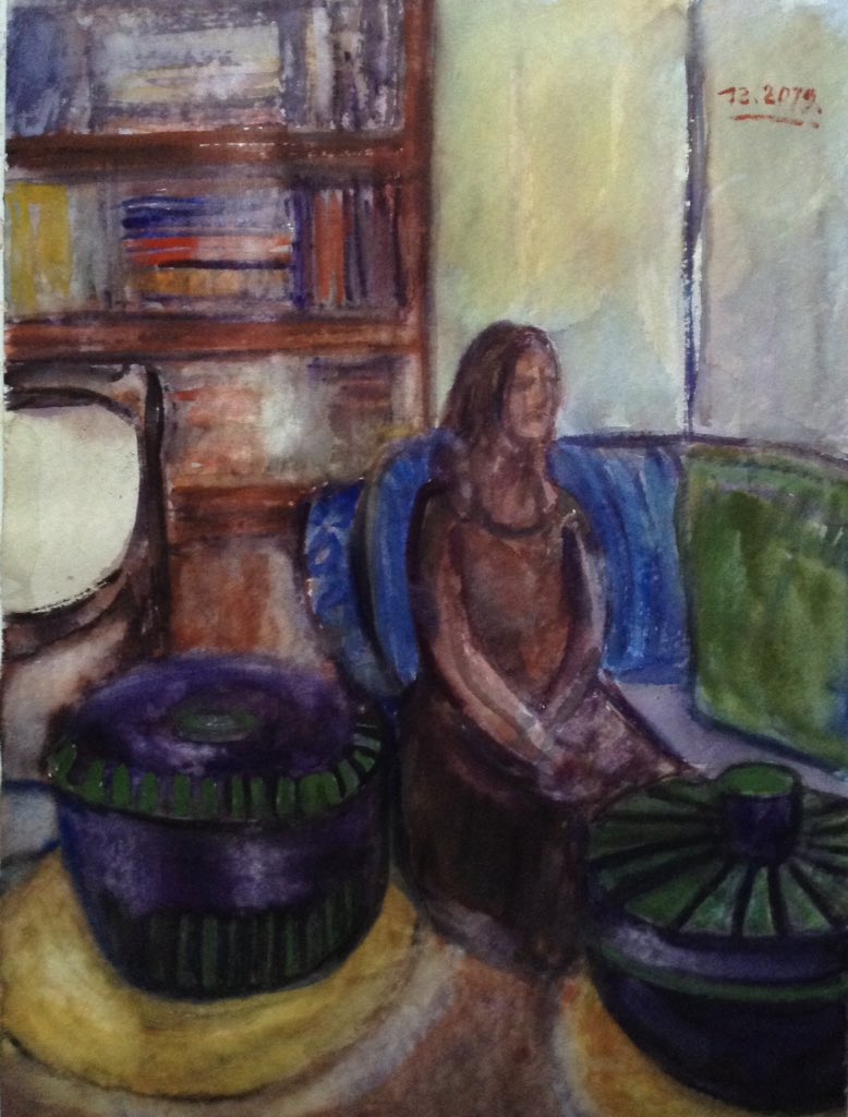 berndblacha's tweet photo. Still life with figure and Hedwig Bollhagen pottery, Watercolor painting 56x42cm, December 2019 https://t.co/J9QqJcvXIi