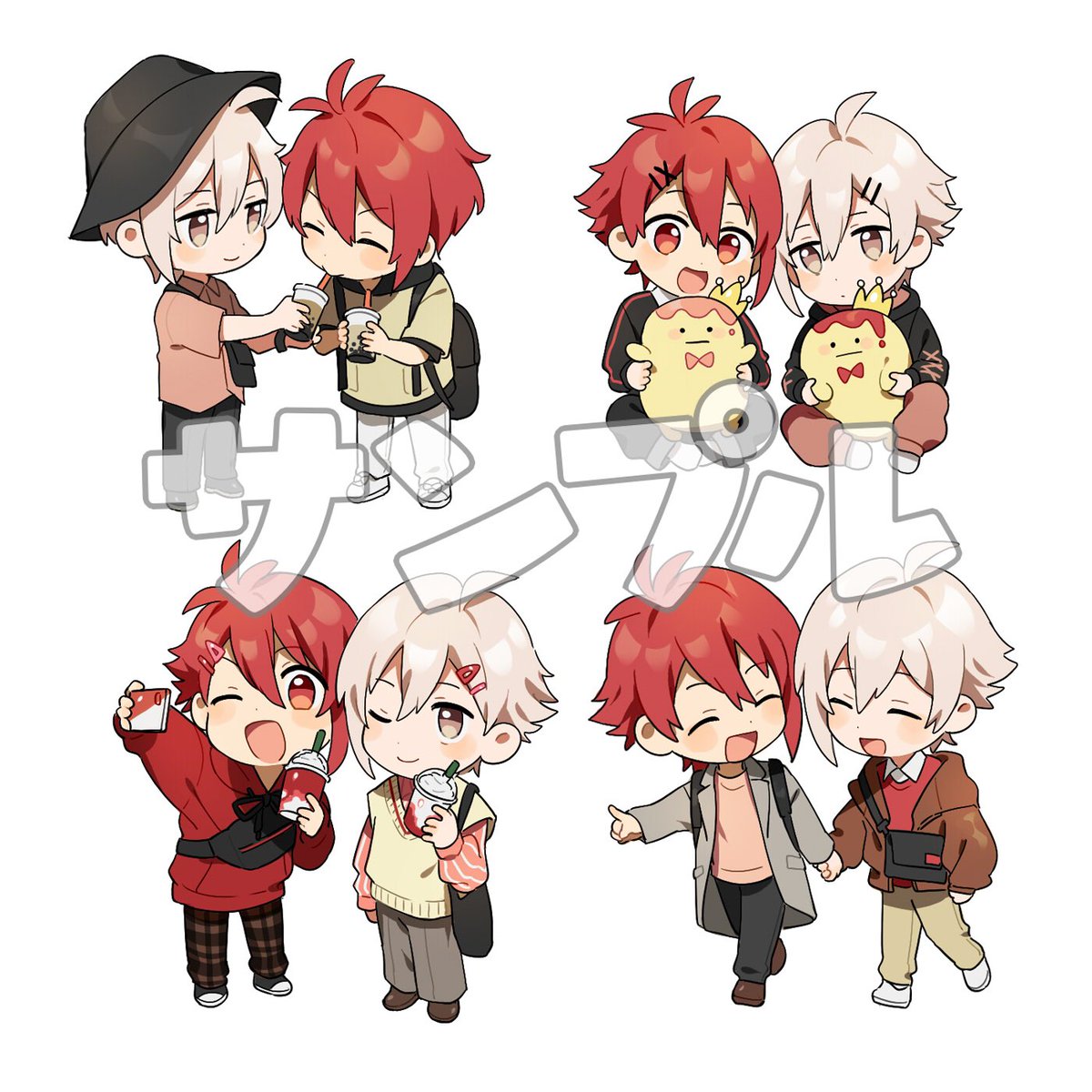 multiple boys red hair male focus scarf 2boys chibi smile  illustration images
