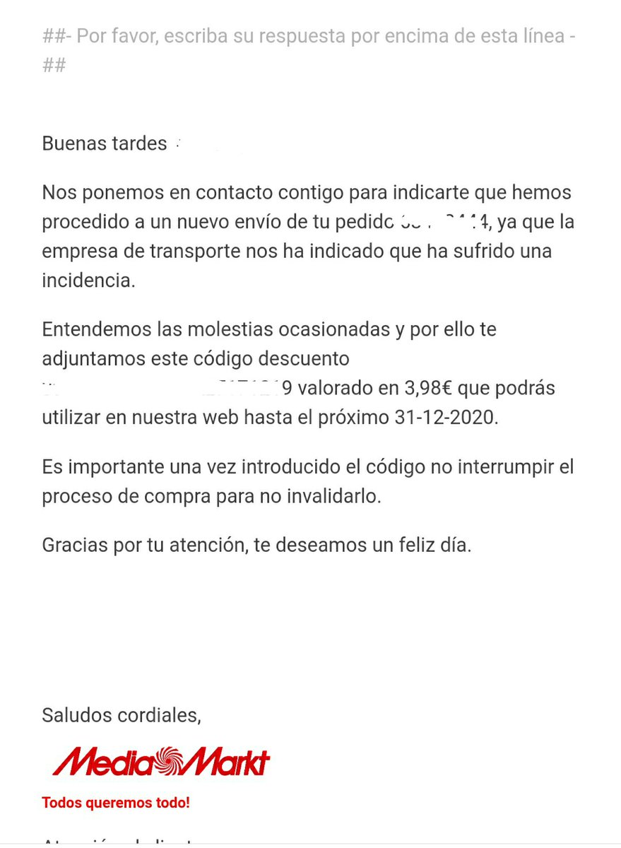 Crisamvi's tweet photo. Después de gastarte 1000€ el 1/12 en una TV y que aún no te la hayan entregado ni saber cuándo te la van a entregar, te mandan un SUPER DESCUENTO de 3,98€ para "compensar" Gracias @MediaMarkt_es @MediaMarktAC https://t.co/iF1wkVEw8B