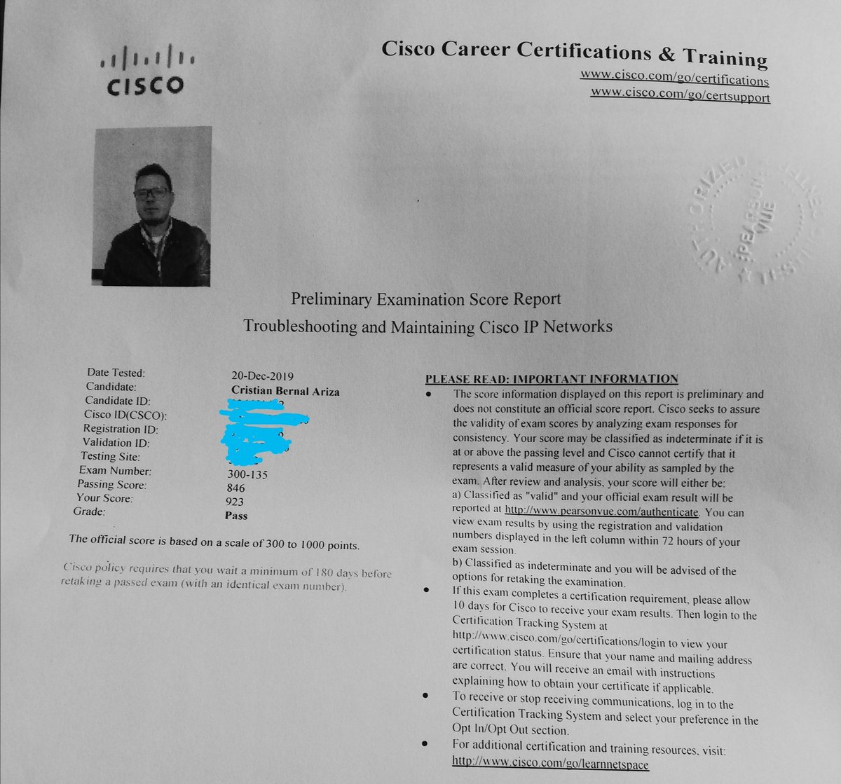 cristianbariza's tweet photo. PASS.. The 3rd and final exam to achieve CCNP R&amp;S. #tshoot #Cisco #CCNP @LearningatCisco https://t.co/PQhxae3hBJ