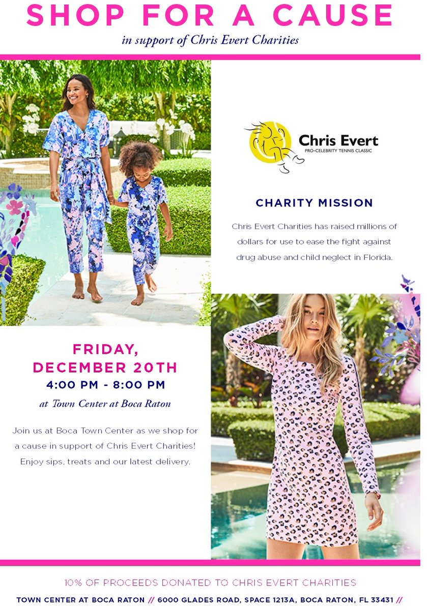 Are you last minute holiday shopping?? Support Chris Evert Charities and Lilly Pulitzer at the Town Center at Boca Raton TONIGHT from 4:00 pm - 8:00 pm! 10% of proceeds will be donated to Chris Evert Charities. Join us and shop for a cause!