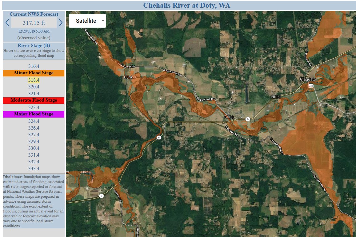 a google aerial map that shows flooded areas in red