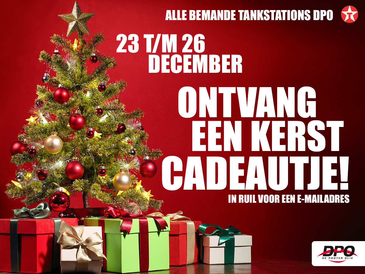 DPO VIERT KERST BIJ BEMANDE TANKSTATIONS 23 t/m 26 DECEMBER!
Vanaf volgende week maandag krijg je een kerstcadeautje bij alle bemande tankstations van DPO! Lever een e-mailadres in, grabbel in de ton en neem direct je cadeautje mee of haal het op een later moment op. #kerstcadeau