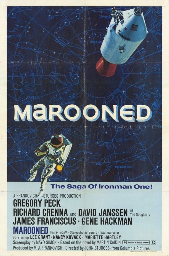 Movie poster for Marooned featuring an astronaut next to an Apollo spacecraft.