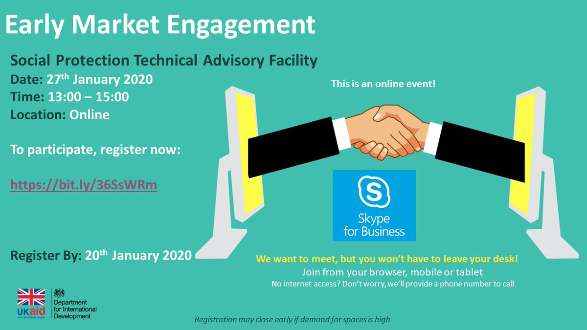 FCDOProcurement's tweet photo. #DFIDEvent 

Social Protection Technical Advisory Facility - Early Market Engagement Event on the 27th January from 13:00-15:00. 

This event will take place online via skype. To register interest https://t.co/CCuixynFZD

#AidWorks https://t.co/K73nmzWHna
