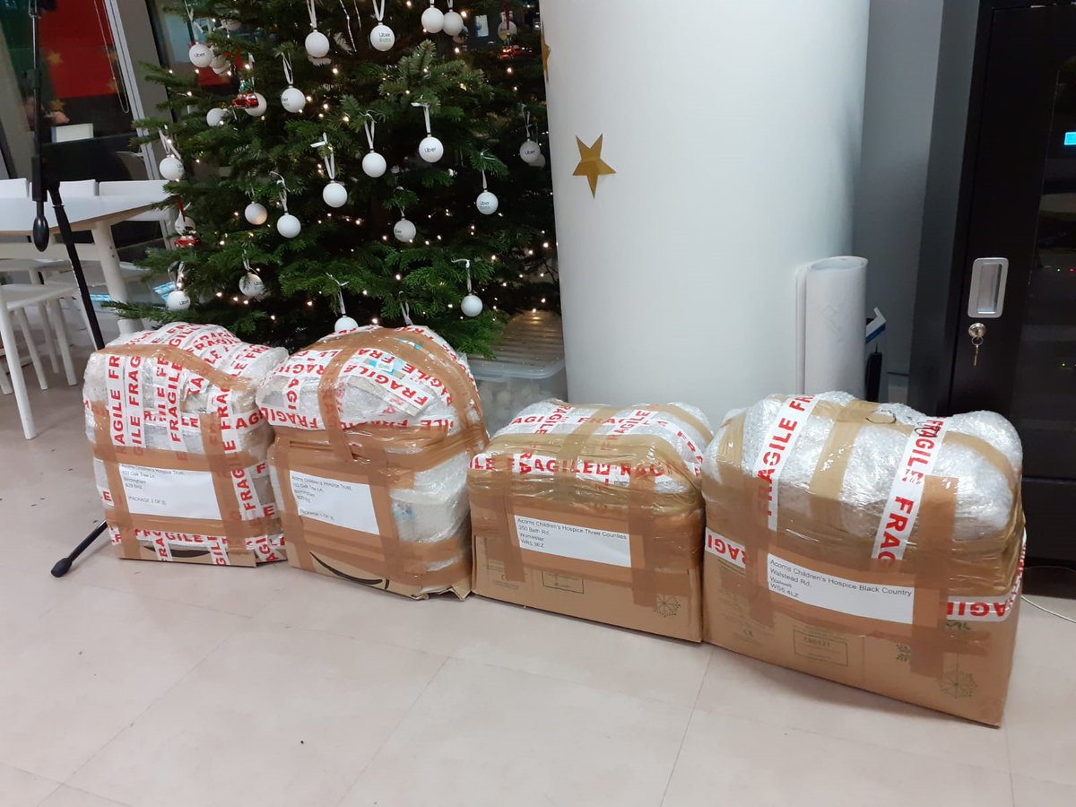 AcornsHospice's tweet photo. Three special deliveries are on there way to Acorns' hospices, courtesy of the generous team at @UberUK in Birmingham who have been gathering gifts and toys for Acorns families and children! Thank you Uber - We can't wait to get them open! #TeamAcorns #ChristmasGiving #UberGiving https://t.co/tlRp8qRgJm