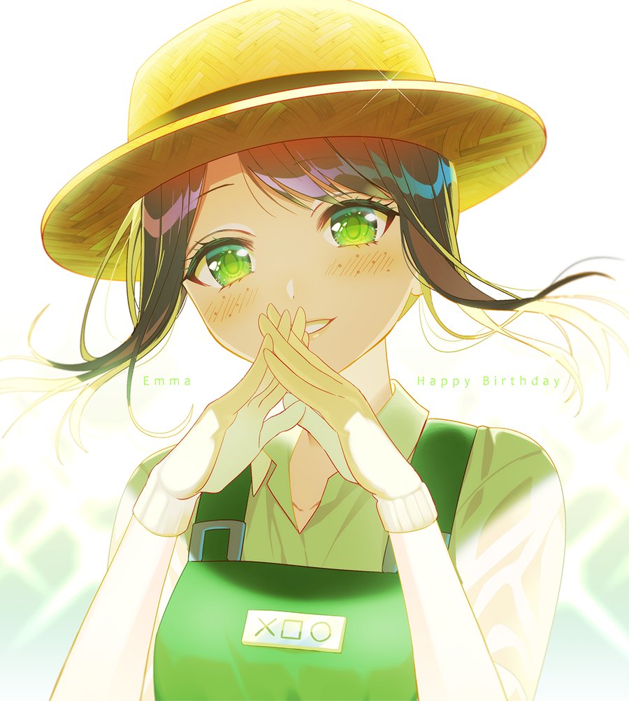 1girl green eyes solo hat shirt gloves looking at viewer  illustration images