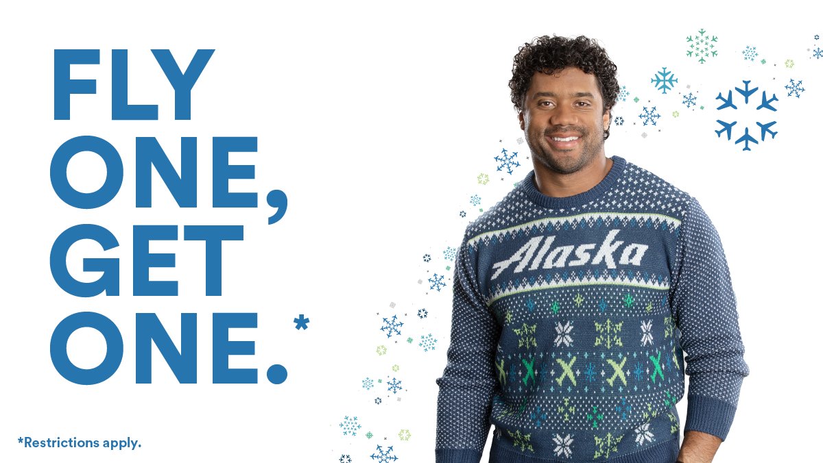 AlaskaAir's tweet photo. It's National #UglySweaterDay, so let’s cozy UP, UP, UP to a hot offer! Buy one Alaska ticket &amp; get one for just the taxes &amp; fees using discount code LETSBOGO. Restrictions apply. https://t.co/WW7OaToXld https://t.co/SbZb9CYfQC