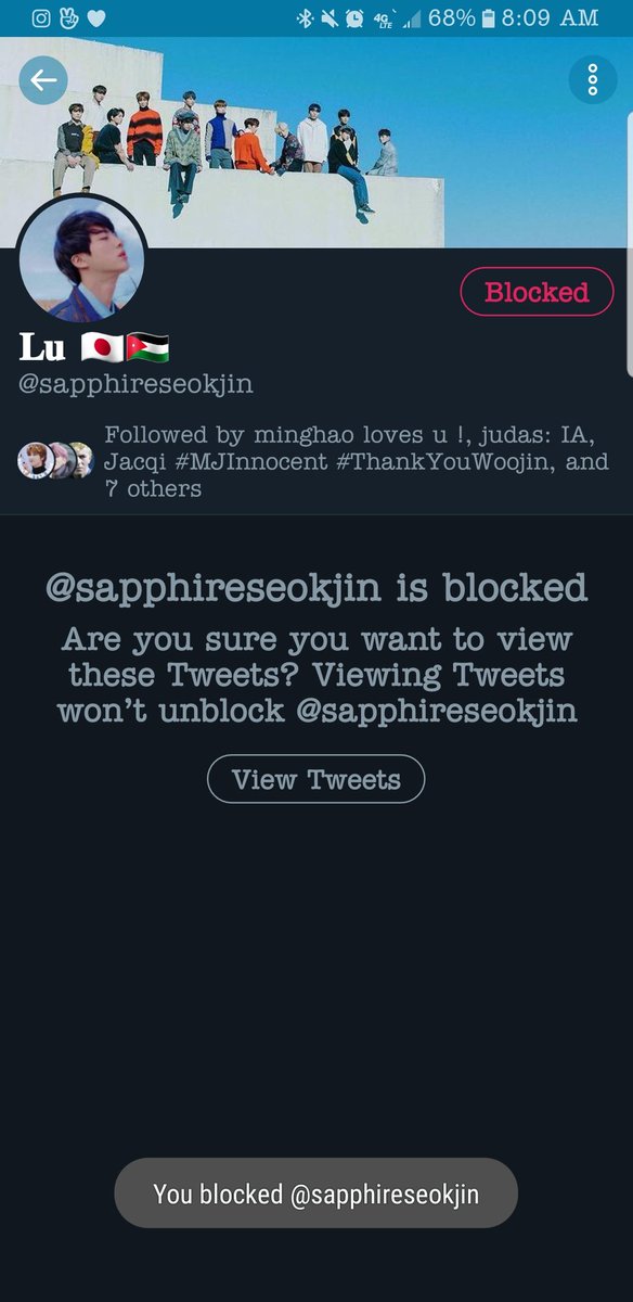 I'm not moots with  @KillMeNeko, but finding a person's address, regardless of how public they have it, to threaten or use against someone is vile and illegal behaviour, so @/sapphireseokjin gets a coveted place on the block list...