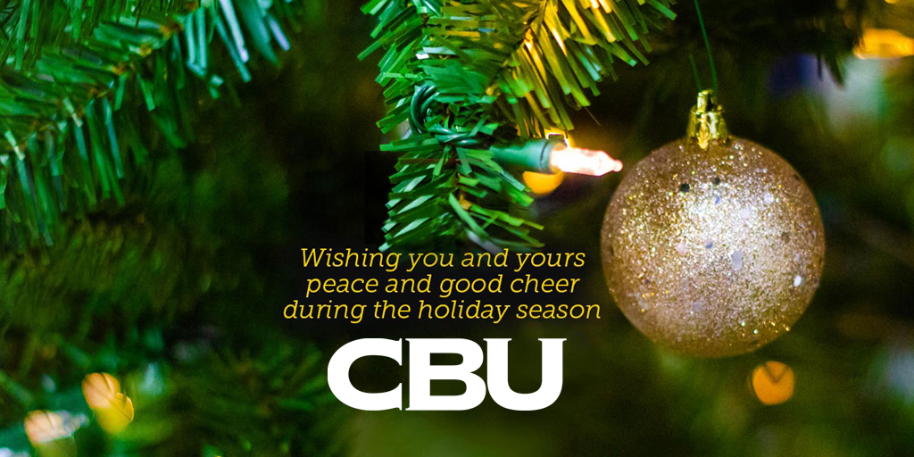 FromCBU's tweet photo. Today is the last day offices are open until after the New Year! CBU will be closed for the holidays December 23-January 1. Enjoy the season and spend valuable time with your family, friends, and loved ones. We'll see everyone back on campus  in 2020! https://t.co/ic3y5YoAOo