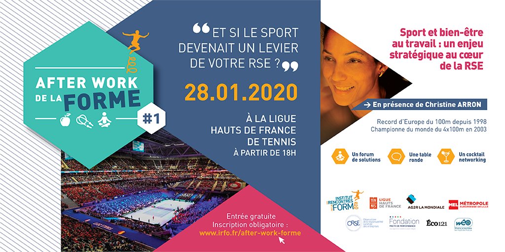 📣*L'After Work de la forme*➡️le 28 janvier au coeur de la @MEL_Lille à la Ligue #tennis <a href="/hautsdefrance/">Région Hauts-de-France</a> à <a href="/villedemarcq/">Marcq-en-Baroeul</a> #TerredeJeux <a href="/Paris2024/">Paris 2024</a>  avec <a href="/AG2RLAMONDIALE/">AG2R LA MONDIALE</a> <a href="/ObsRSE/">ORSE</a> @PactePerf 
Une soirée inédite mêlant #sport #RSE #QVT ▶️irfo.fr/after-work-for…